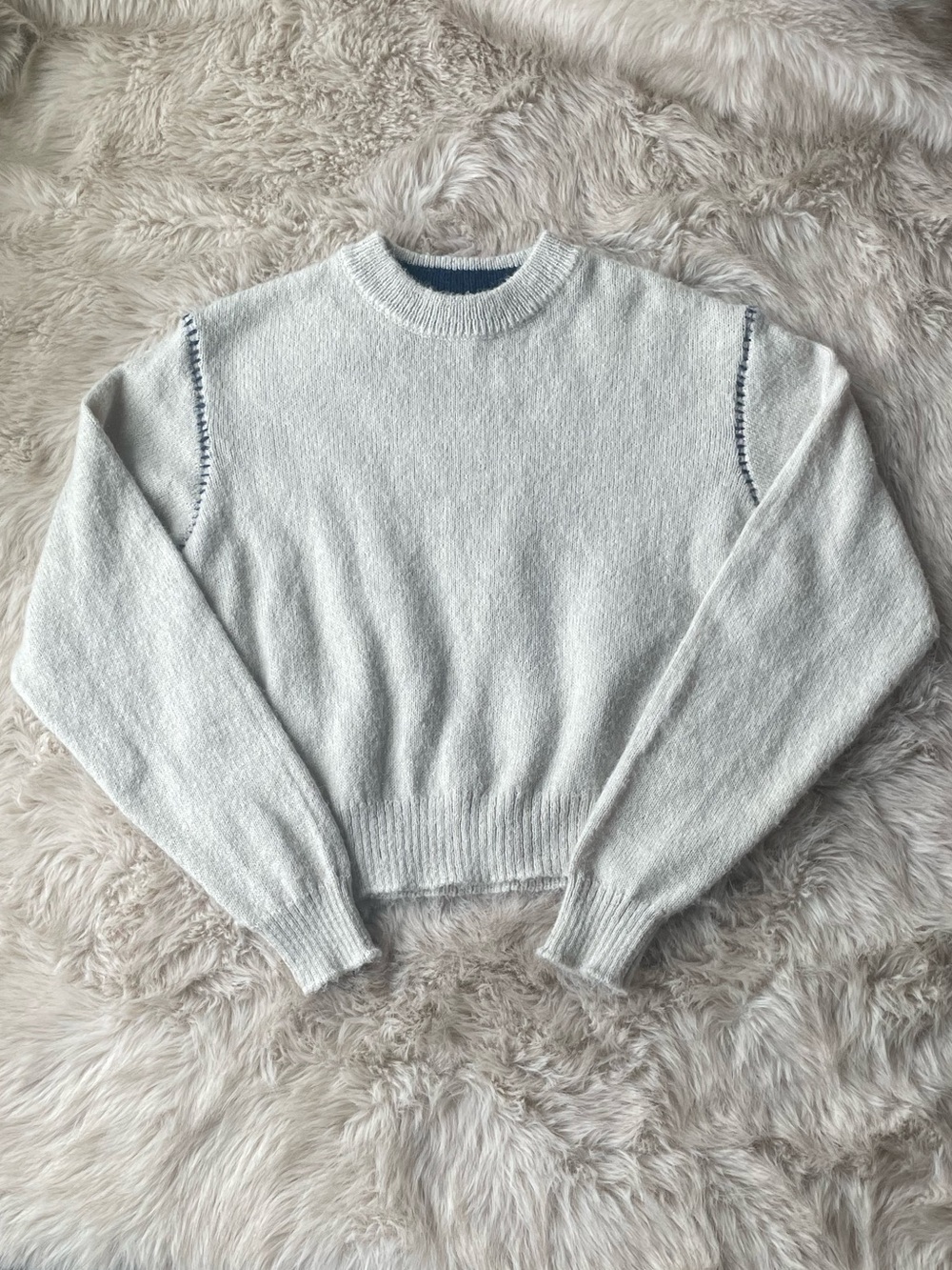 Urban Outfitters Cream Crewneck Sweater with Blue Shoulder Stitching